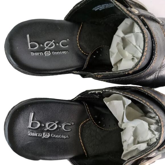 Born BOC Women's 7 Black Leather Slip-On Heeled Mules Clogs Shoes Buckle Boho - Picture 7 of 10